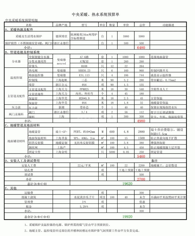 地暖报价单